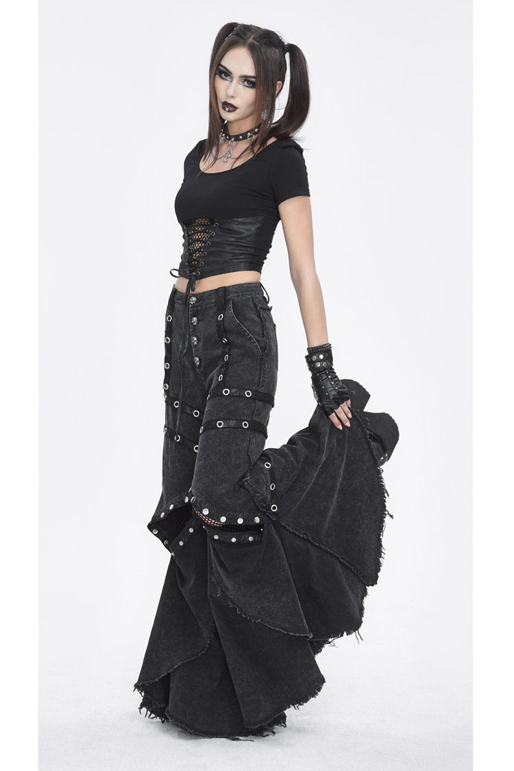 Black Mesh Eyelets Ruffled Flared Womens Punk Pants - Product - 5