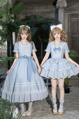 Blue [Seven Day Bell] Navy Collar Short Sleeves Printed Ruffled Bow Sweet Lolita Dress 2 Versions - Product - 10
