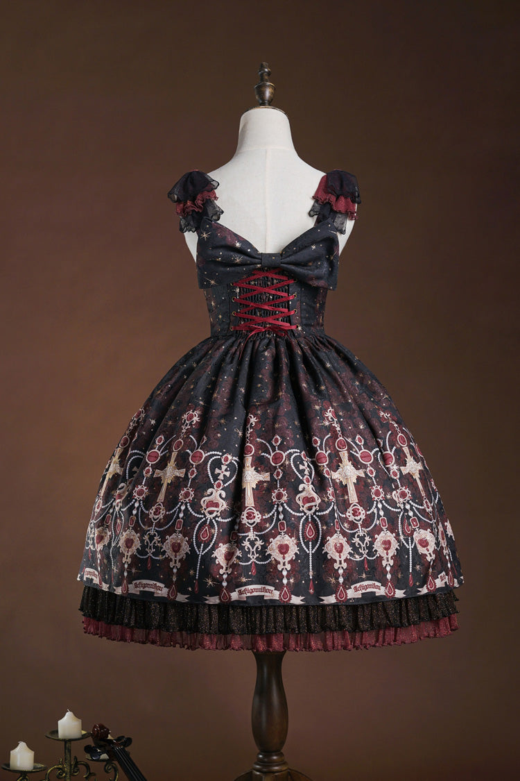 Red/Black [Stone of Eden] Triple-Layered Print Ruffle Hot Stamping Cardigan Bowknot Lace Elegant Sweet Lolita Jsk Dress - Product - 4