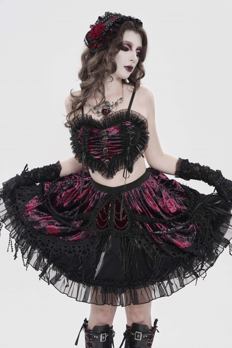 Black/Red Off Shoulder Bow Lace Color-Blocked Strappy Pleated Women's Gothic Corset - Product - 13