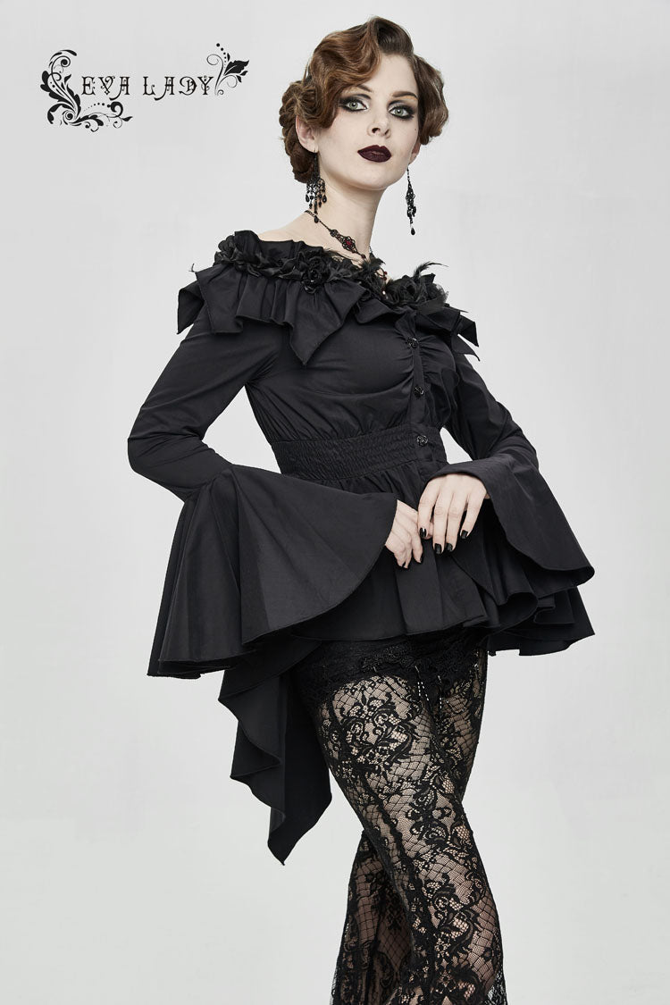 Black Rose Flowers Decoration One-Word Collar Long Sleeve Flare Cuff Women's Gothic Blouse - Product - 3
