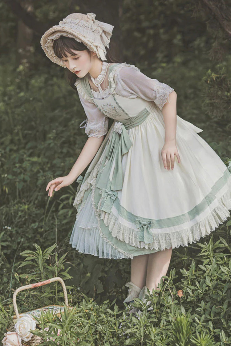 White/Green Country Style Daisy Poem Elegant Boat Neck High Waisted Sweet Lolita Jsk Dress - Product - 5