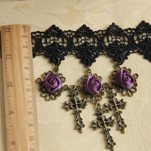 Black Lace Retro Wedding Cross Purple Rose Flower Female Gothic Lolita Armband Bracelet - Product - 6