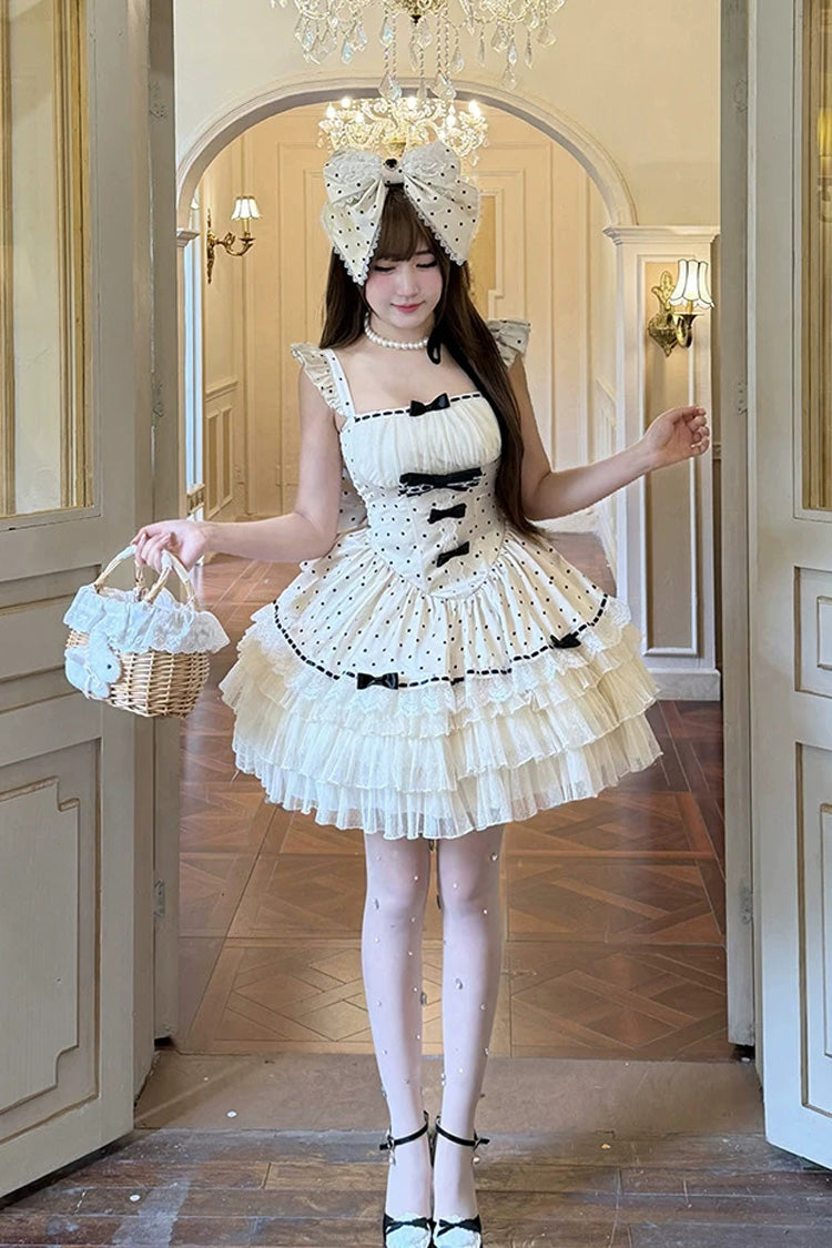 White [Polka Dot Waltz] Square Collar Flutter Sleeves Triple-Layered Printed Ruffled Bow Sweet Lolita Jsk Dress - Product - 7