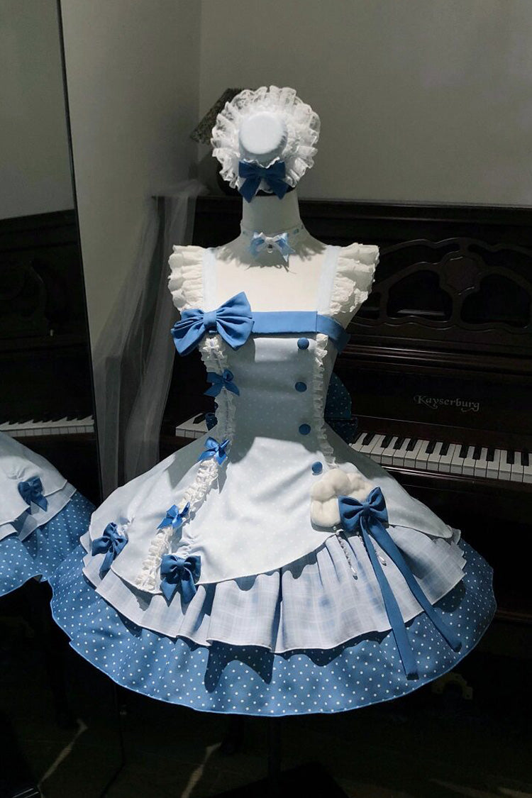 Blue [Glass Bottle] Square Collar Sleeveless Triple-Layered Printed Ruffled Bow Asymmetric Sweet Lolita Jsk Dress - Product - 8
