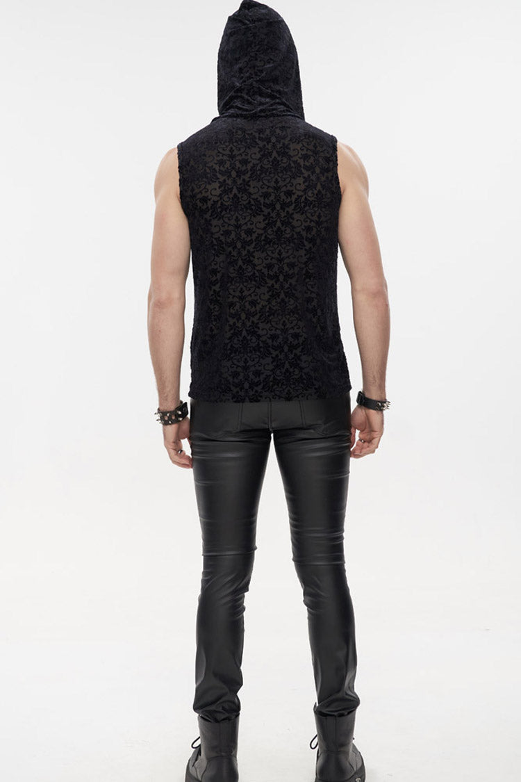 Black Punk Velvet Jacquard Chest Tie Sleeveless Hooded Men's Shirt - Product - 4