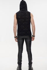 Black Punk Velvet Jacquard Chest Tie Sleeveless Hooded Men's Shirt - Product - 4