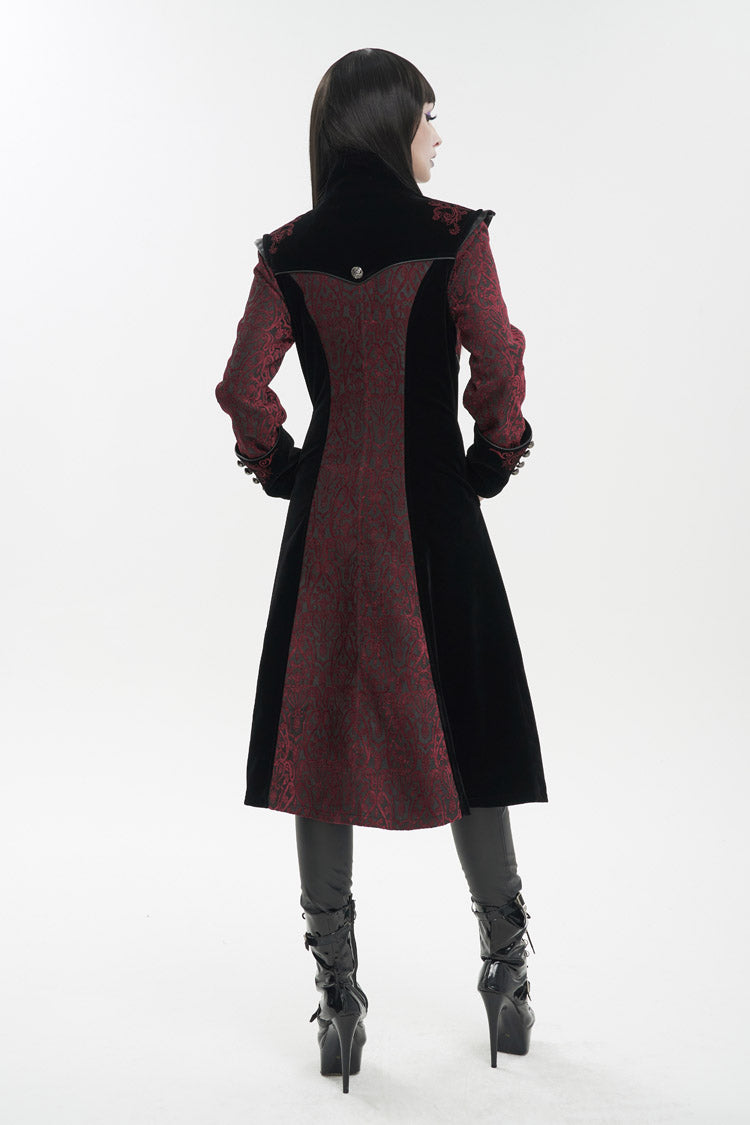 Red Jacquard Studded Mushroom Buckle Metal Cross Embroidered Women's Gothic Coat - Product - 7
