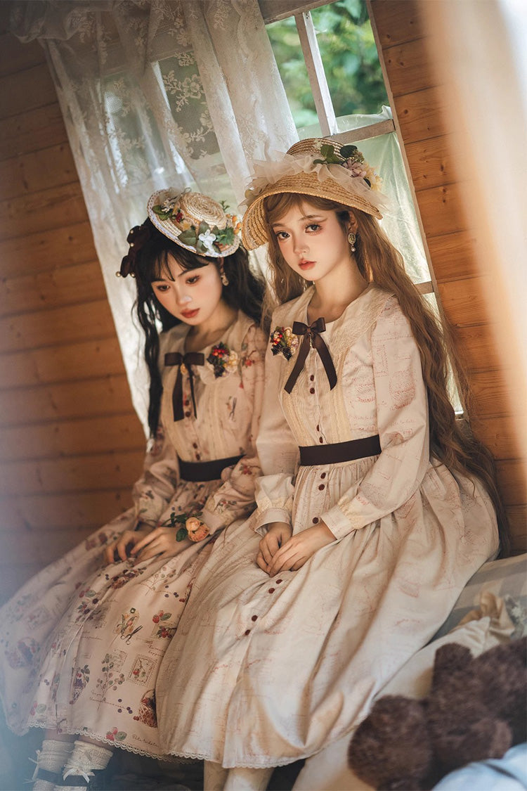 Forest Illustrated Book Long Lantern Sleeves Print Ruffle Sweet Lolita OP Dress 3 Colors - Product - 8