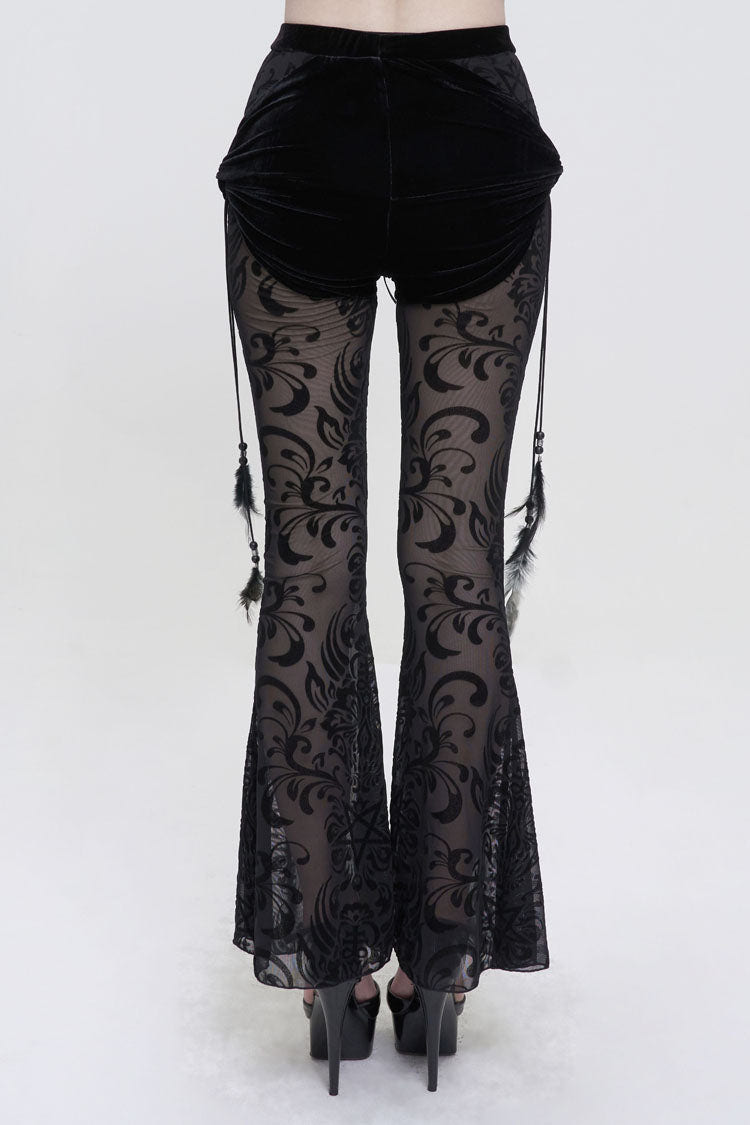 Black Flocking Mesh Side Hanging Feather Pendant Fake Two-Piece Long Women's Gothic Flared Pants - Product - 3