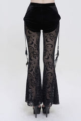 Black Flocking Mesh Side Hanging Feather Pendant Fake Two-Piece Long Women's Gothic Flared Pants - Product - 3