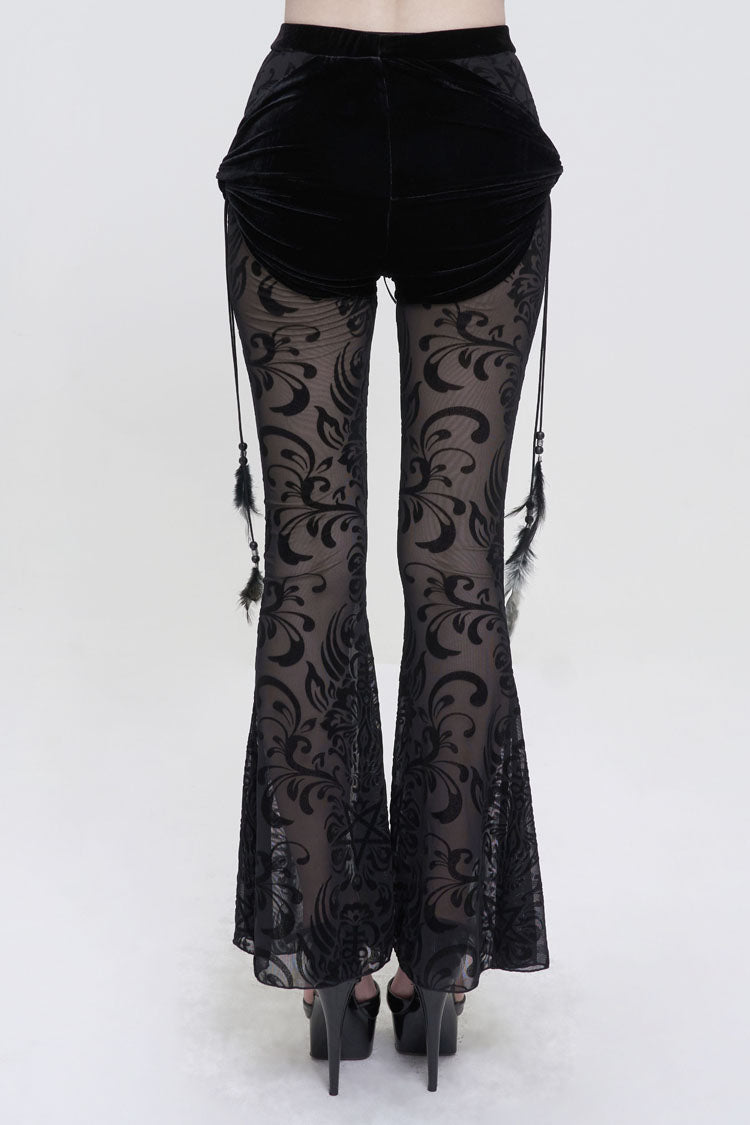 Black Flocking Mesh Side Hanging Feather Pendant Fake Two-Piece Long Women's Gothic Flared Pants - Product - 3