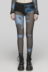 Tie-dyed Print Stitching Sheer Mesh Women's Steampunk Leggings 3 Colors - Black/Blue - 7