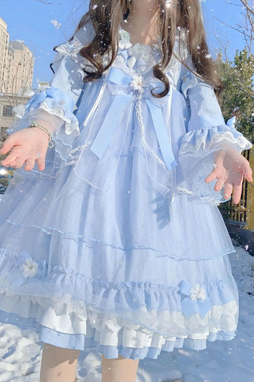 Blue Bowknot Trumpet Sleeves Multi-Layer Ruffled Sweet Lolita OP Tiered Dress - Product - 2