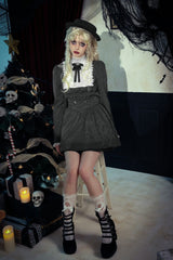 Black/White Striped Ruffled Lace Stand Collar Bow Long Sleeves Lace-Up Women's Gothic Lolita Graduation Dress - Product - 16