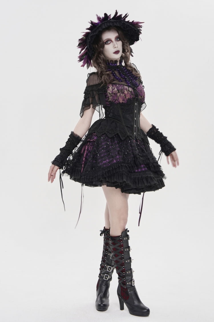 Black/Purple Multi-Layered Lace Lace-Up Women's Gothic Skirt - Product - 2