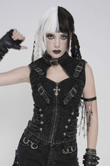 Black Halterneck Slim Buckled Zippered Women's Punk Vest - Black - 1