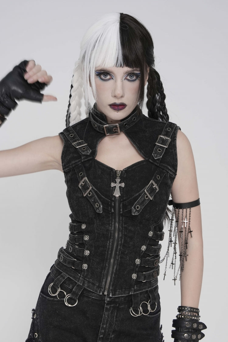 Black Halterneck Slim Buckled Zippered Women's Punk Vest - Black - 1