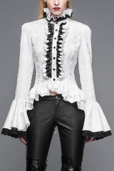 White Trumpet Sleeves Lace Ruffled Vintage Print Womens Gothic Blouse - White - 1