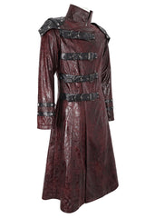 Red Stand Collar Multi Buckle Faux Long Leather Men's Punk Coat - Product - 8