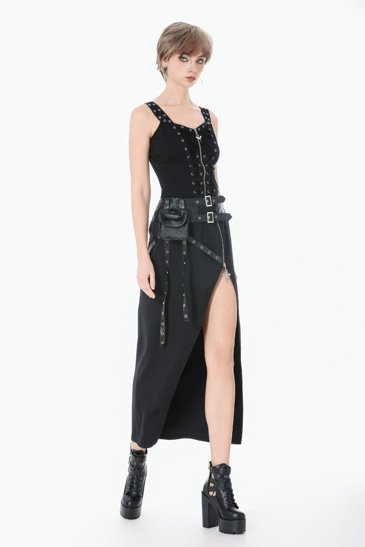 Black Women's Punk Eyelet Lace-Up Ripped Front Zippered Tank Top - Product - 7