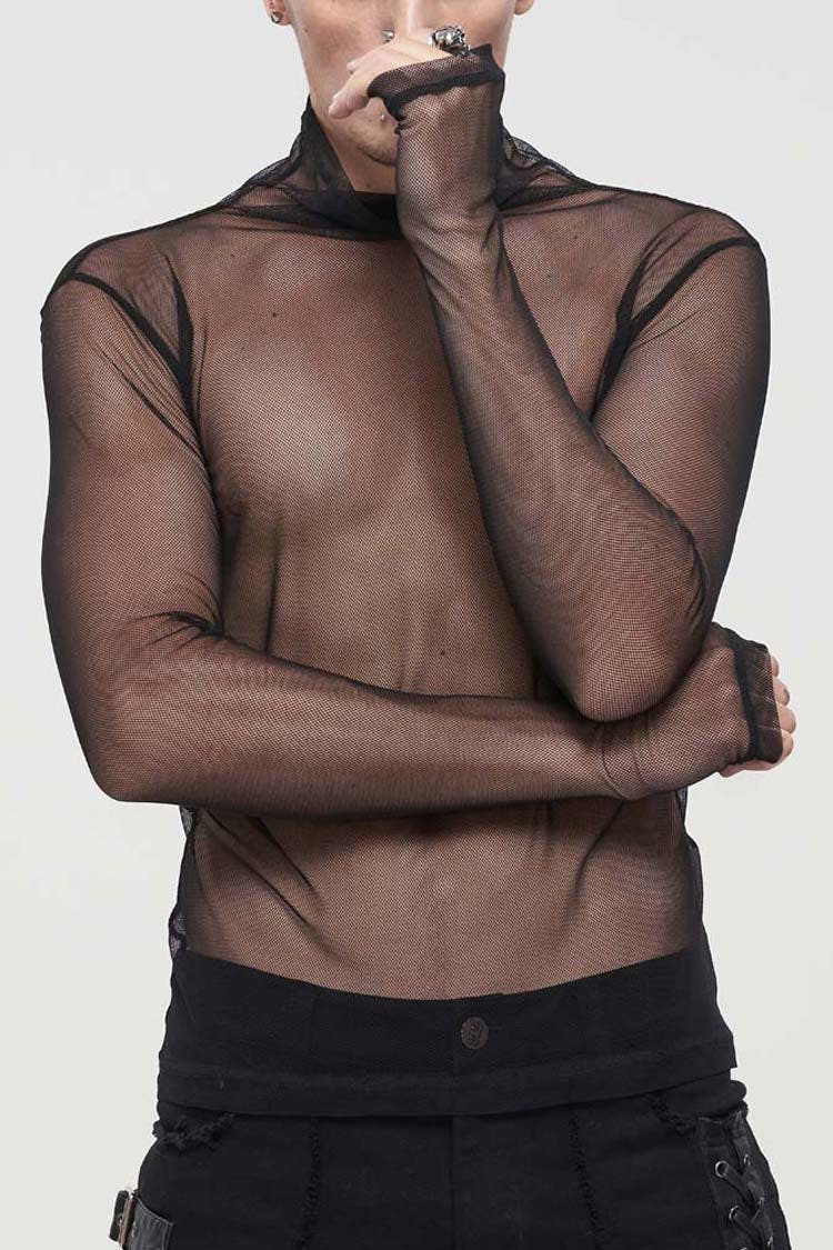 Black Gothic Elasticity Perspective Rhombus Net Yarn Men's Shirt - Black - 1