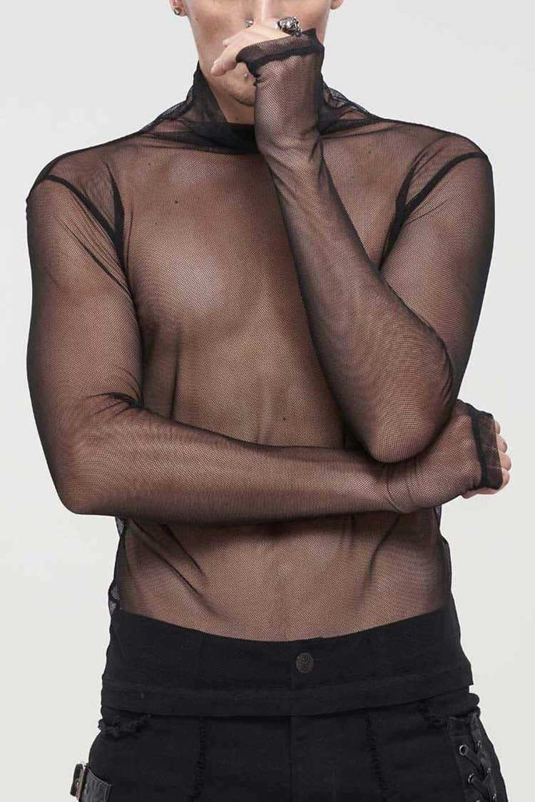 Black Gothic Elasticity Perspective Rhombus Net Yarn Men's Shirt - Black - 1