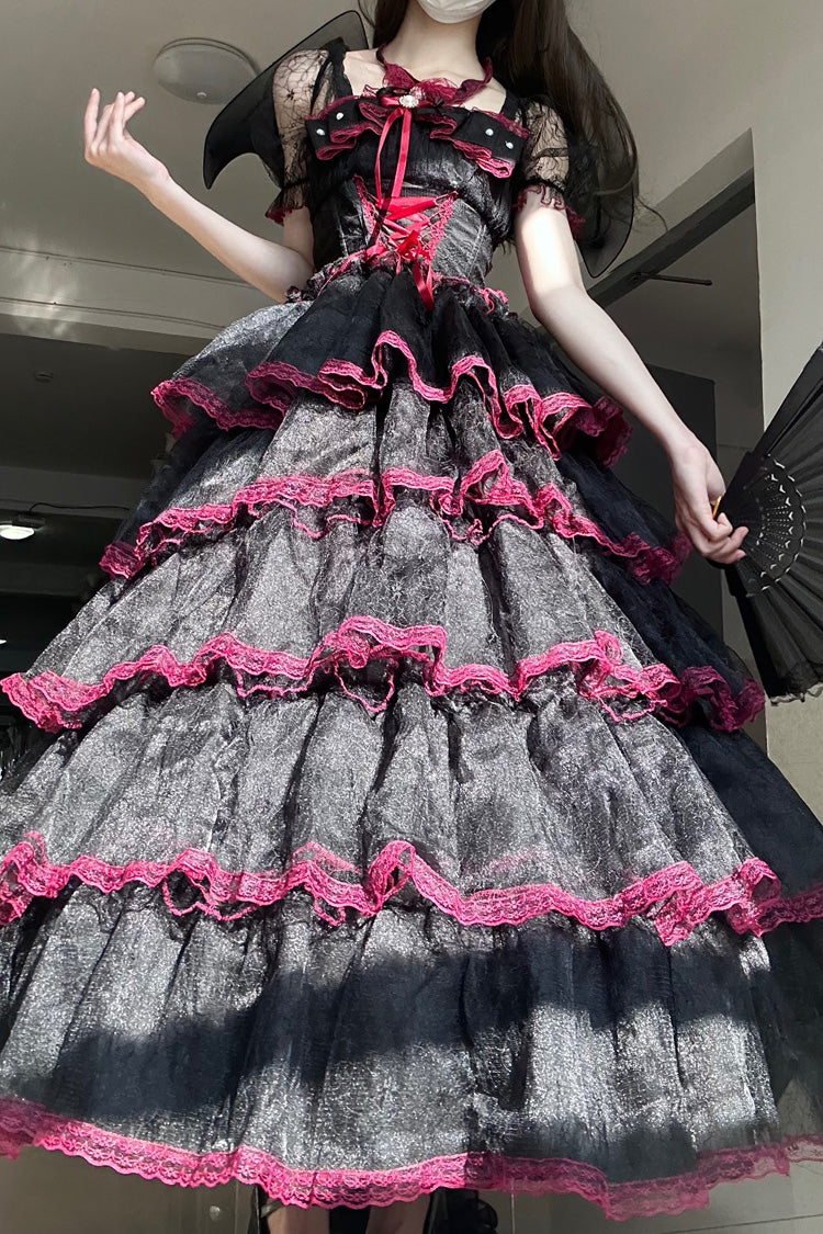 Black/Red Short Sleeves Multi-Layered Ruffle Hanayome Bowknot Lace Plus Size Sweet Lolita Dress (Long Version) - Product - 3