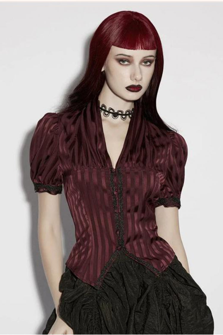 Red V Collar Short Puff Sleeves Lace Lace-Up Striped Women's Gothic Blouse - Red - 1