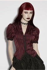 Red V Collar Short Puff Sleeves Lace Lace-Up Striped Women's Gothic Blouse - Red - 1