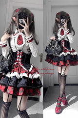 Red/White/Black Multi-layer Ruffle Opera Rock Girl Gothic Lolita Strap Dress Set - Product - 5