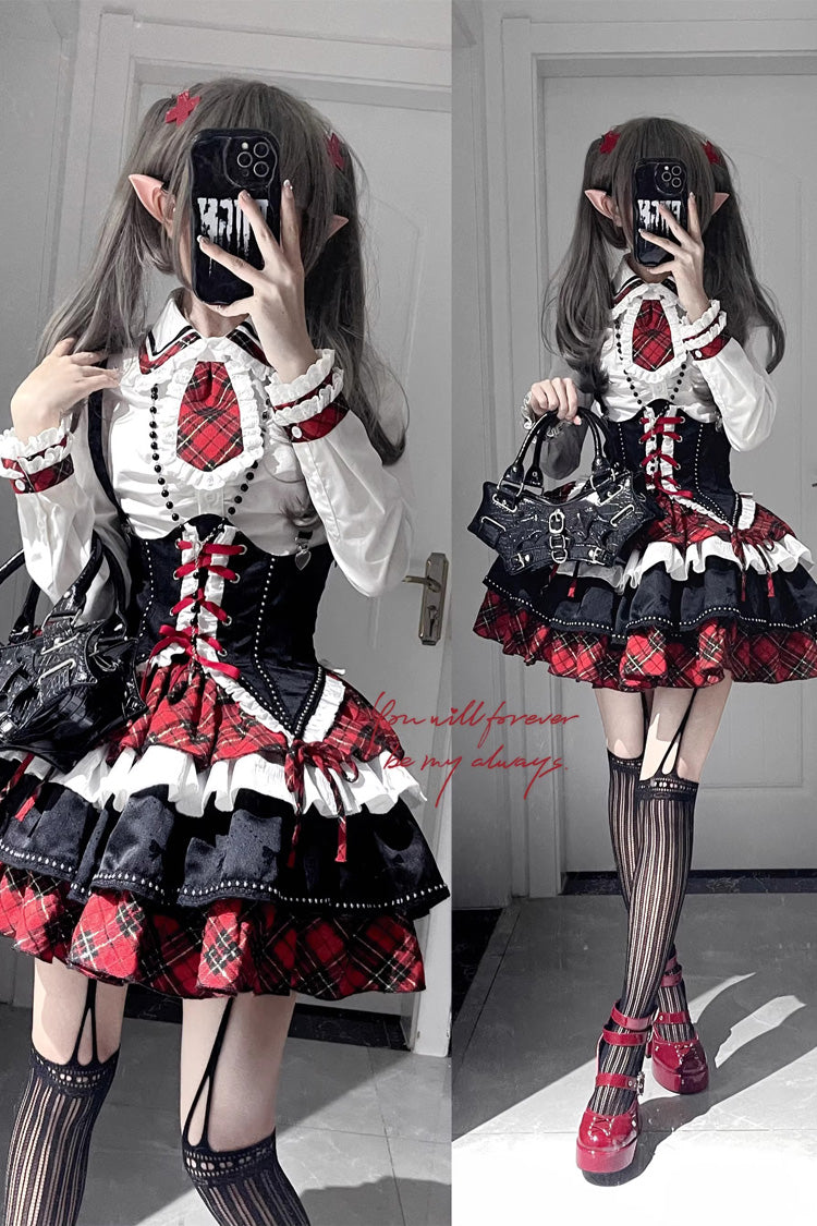 Red/White/Black Multi-layer Ruffle Opera Rock Girl Gothic Lolita Strap Dress Set - Product - 5