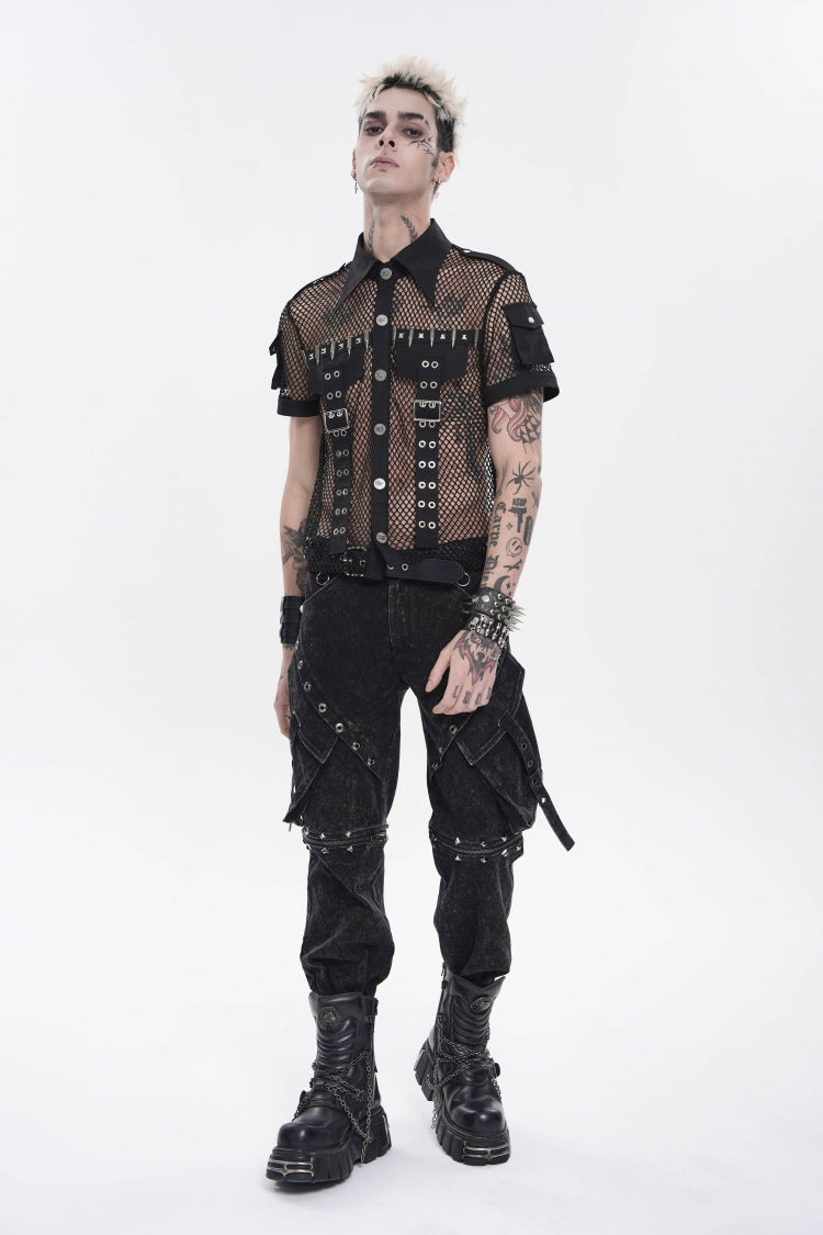 Black Lapel Collar Short Sleeves Cut-Out Spliced Sheer Mesh Studded Eyelet Men's Punk Small Pockets Cool Shirt - Product - 7