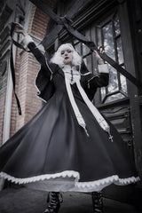 Black [Nun] Long Sleeves Print Stitching Lace Gothic Elegant Lolita Dress - Product - 6