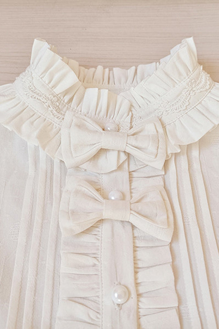 White Stand Collar Long Sleeves Ruffled Bow Sweet Lolita Blouse - Product - 4