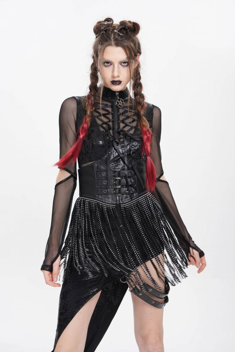 Black Lace Tassels Lace-Up Slim Buckled Women's Gothic Corset - Product - 8