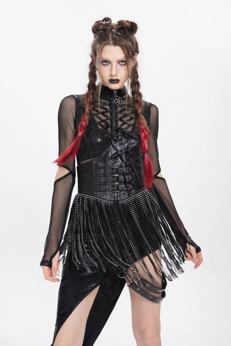 Black Lace Tassels Lace-Up Slim Buckled Women's Gothic Corset - Product - 8