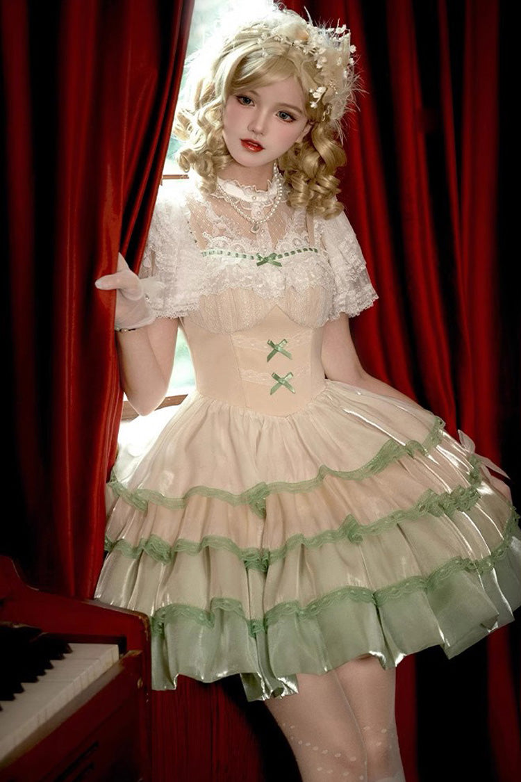 Ivory/Green Glass Dream Multi-layer Ruffle Fish Bone Sweet Lolita Jsk Dress - Product - 8