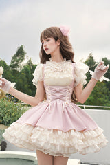 Pink [Love Diary] Multi-Layered Ruffle Bowknot Lace-Up Sweet Lolita Jsk Bustier Dress - Product - 2