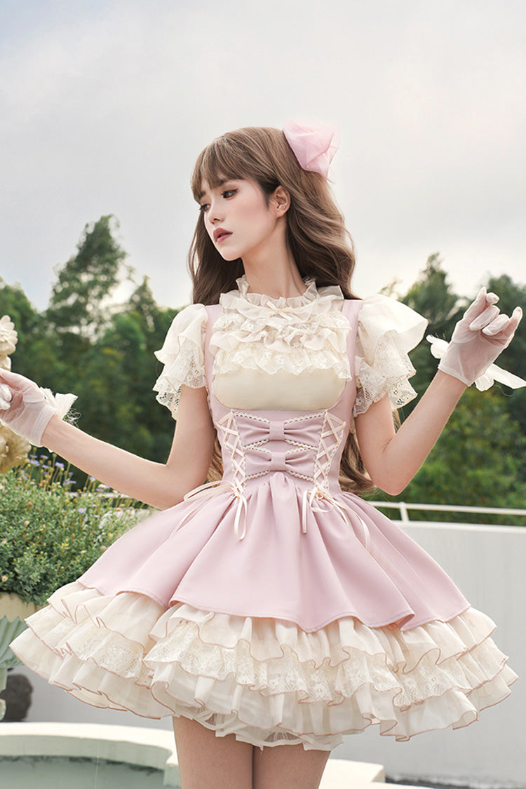 Pink [Love Diary] Multi-Layered Ruffle Bowknot Lace-Up Sweet Lolita Jsk Bustier Dress - Product - 2