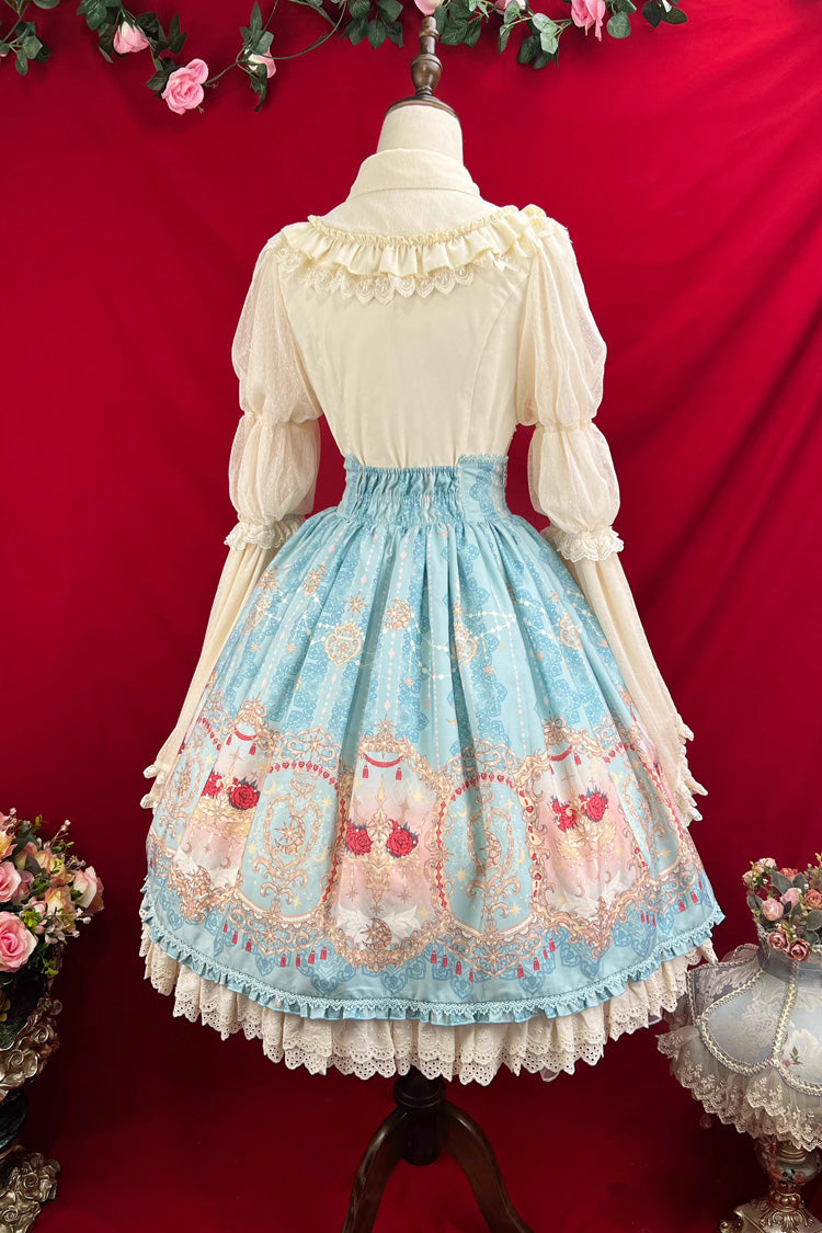 Blue [Moonlit Garden Secret] Print Ruffle Embroidery Lace Sweet Elegant Palace Lolita Skirt - Product - 17
