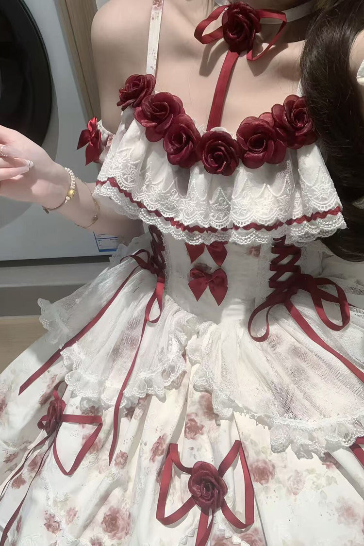 White/Red [Crimson Love Letter] Sleeveless Multi-Layered Printed Bow Lace-Up Gothic Lolita Jsk Dress Set - Product - 4