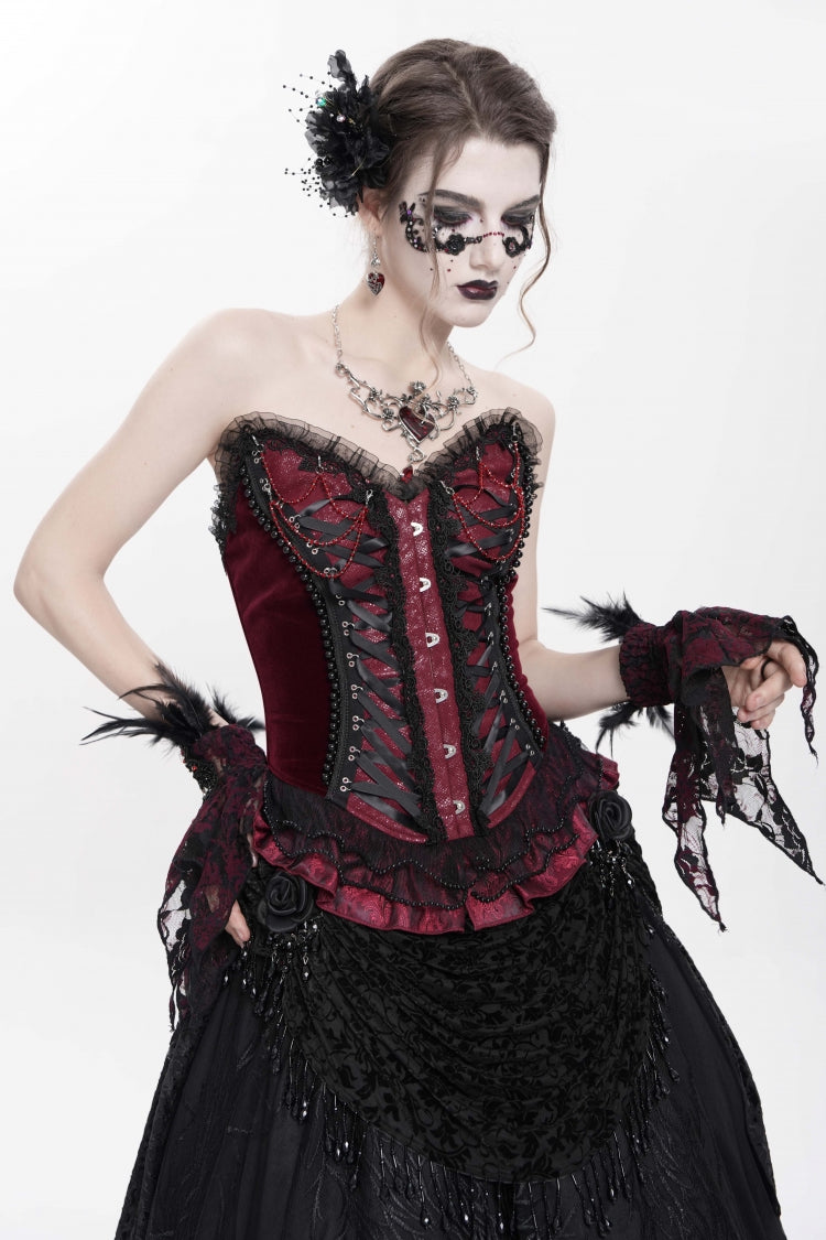 Red Sleeveless Beaded Lace Lace-Up Women's Gothic Overbust Corset - Product - 3