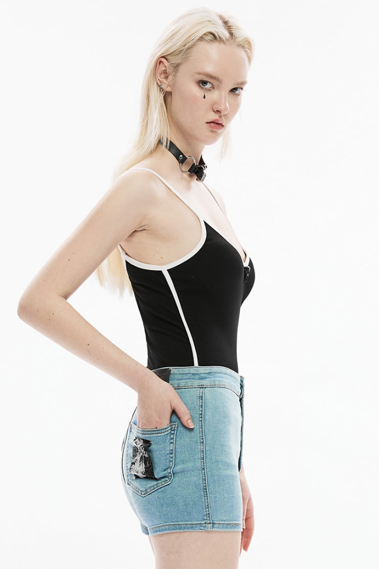 Black Stitching Skull Decorative Buckle Women's Punk T-Shirt - Product - 2