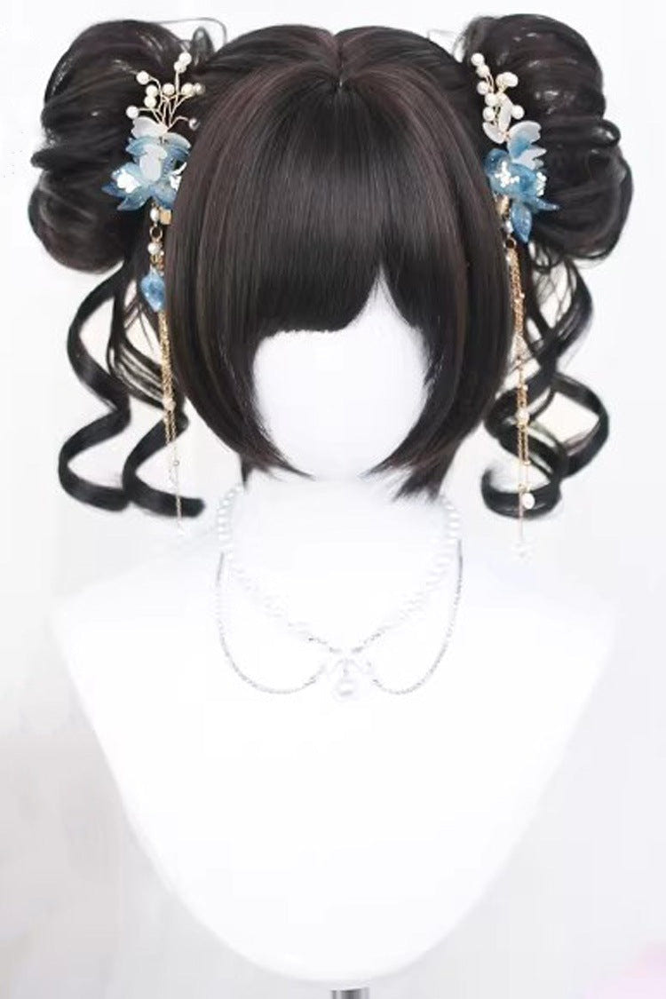 Graceful Black Tea Brown Floral Bun Short Hair with Air Fringe Sweet Lolita Wig - Black-Tea-Brown - 1