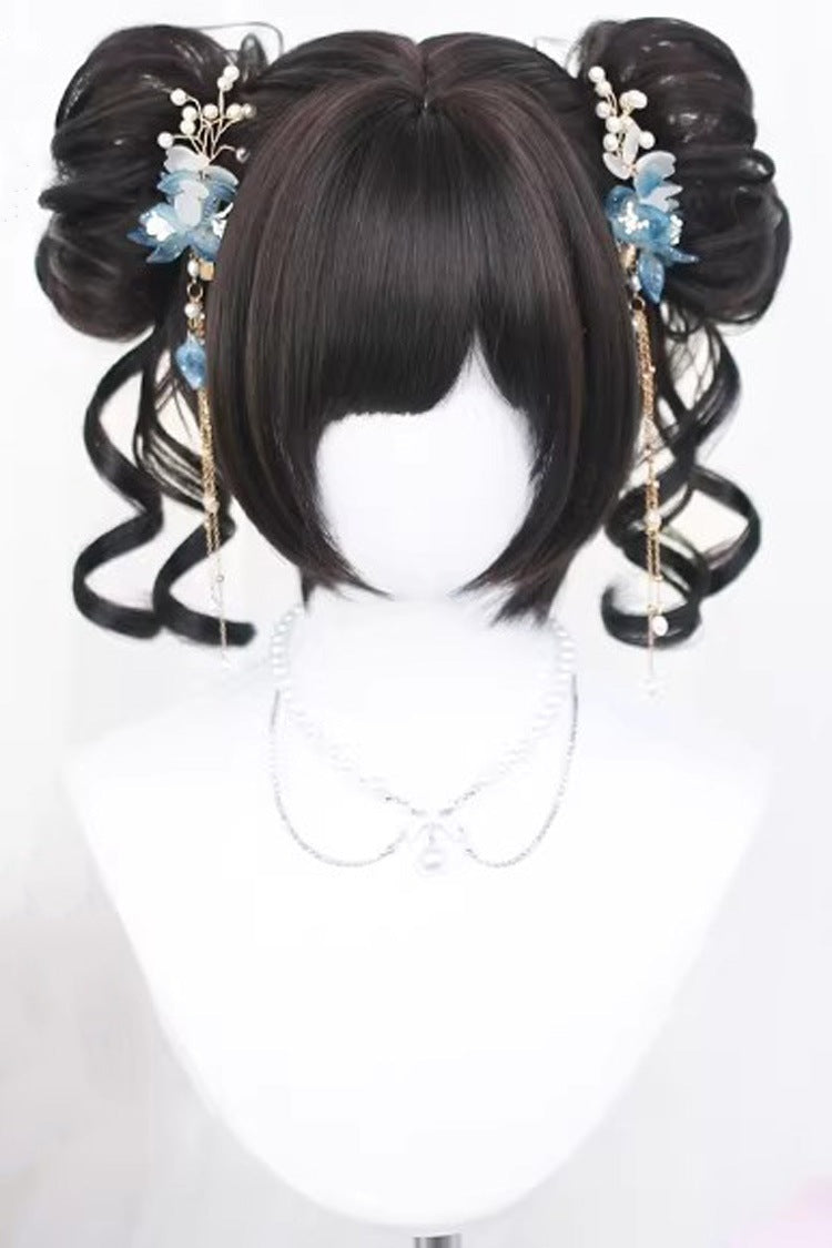 Graceful Black Tea Brown Floral Bun Short Hair with Air Fringe Sweet Lolita Wig - Black-Tea-Brown - 1