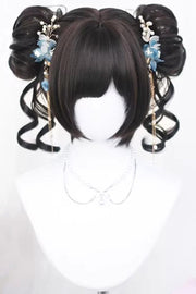 Graceful Black Tea Brown Floral Bun Short Hair with Air Fringe Sweet Lolita Wig front view