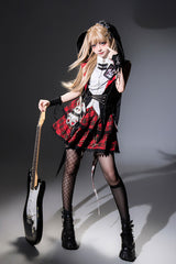 Black/Red [Rock Bunny] Sleeveless Double-Layered Embroidery Hooded Punk Lolita Skirt Set - Black/Red - 1
