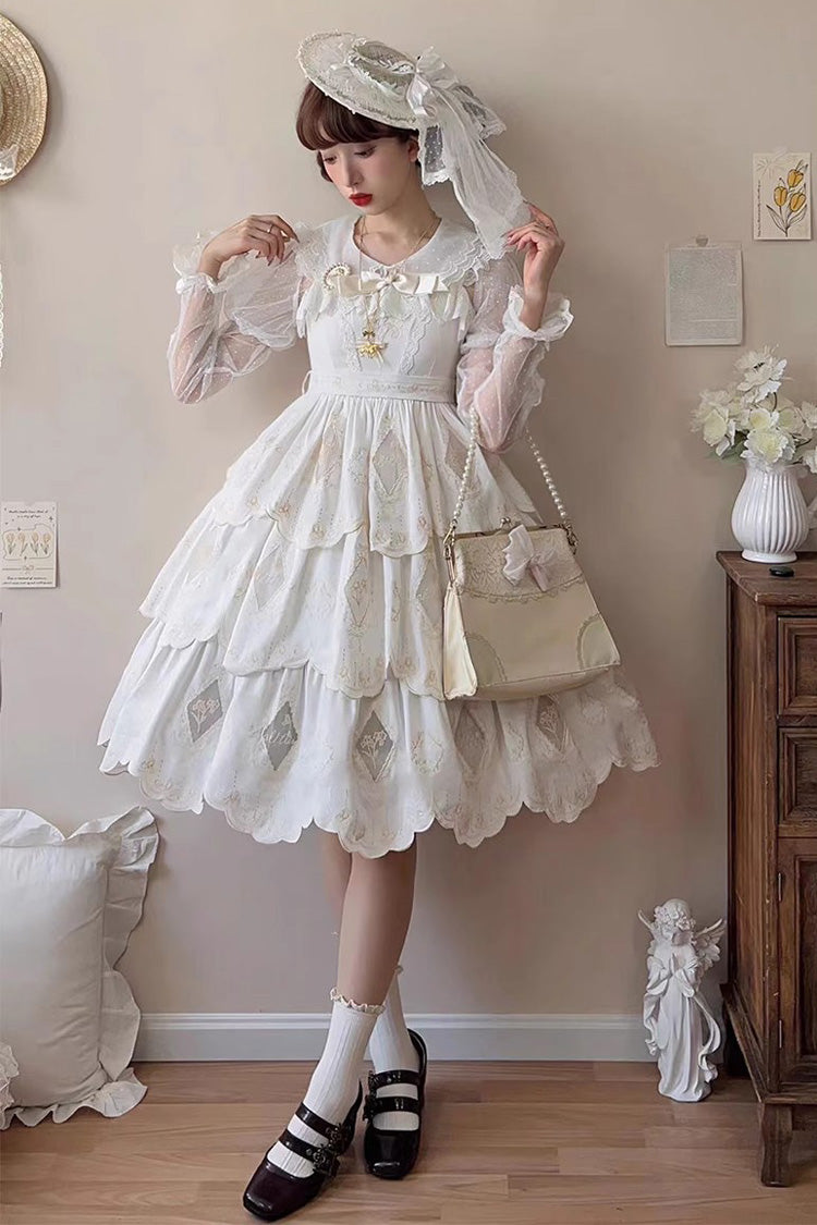 White Multi-layer Hollow Embroidery Sweet Lolita Jsk Dress - White - 1