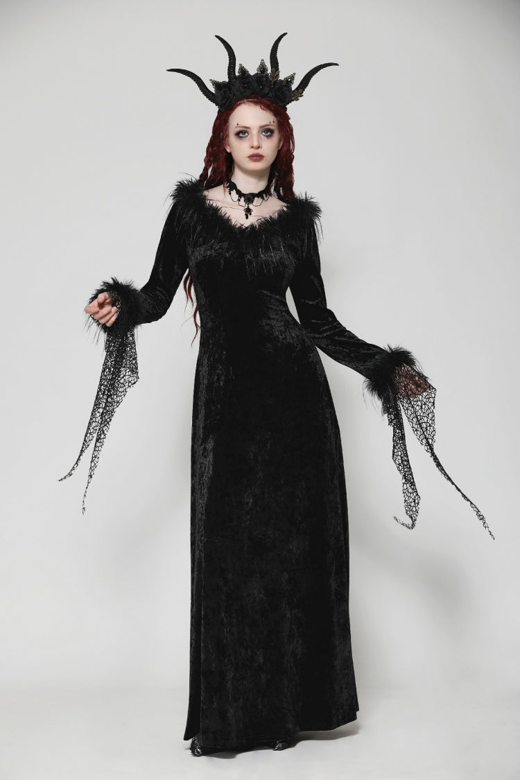 Black Long Sleeves Velvet Lace Women's Gothic Maxi Dress Wedding Dress - Product - 6